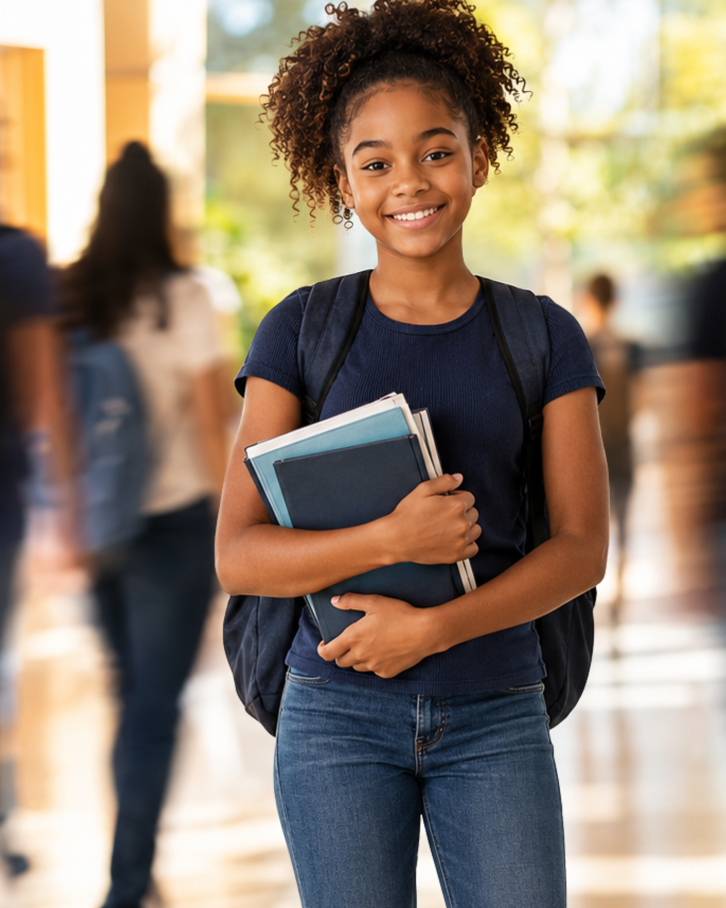 Estudante sorrindo em corredor escolar