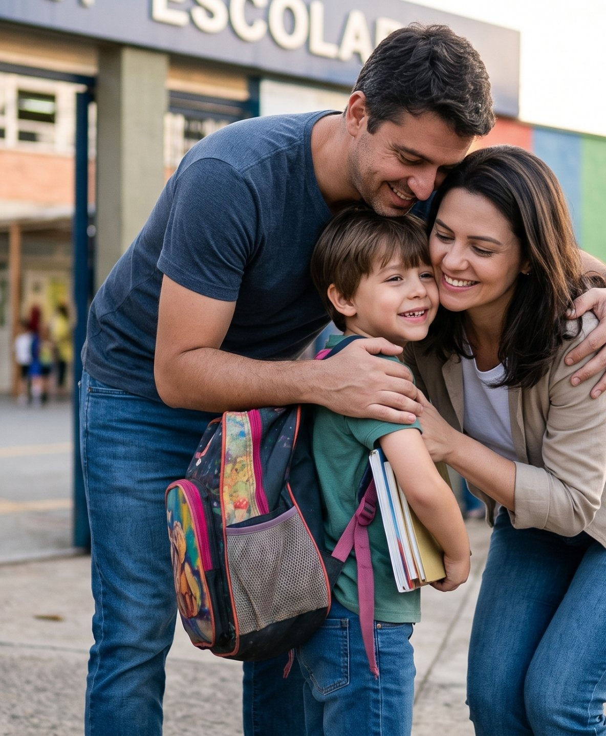 Pai, mãe e filho se abraçando sorrindo na frente da escola, o menino com mochila e cadernos nos braços